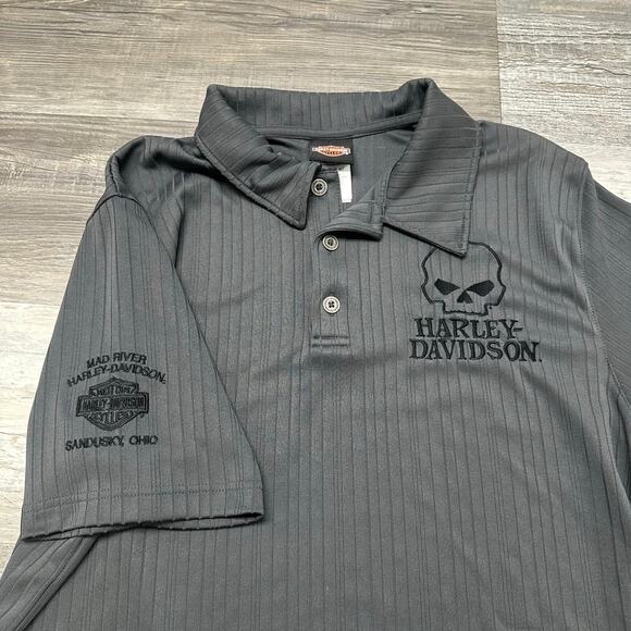 Harley Davidson Gray Mens Large Embroidered Skull Sandusky Biker‎ Polo Shirt EUC - Picture 1 of 10